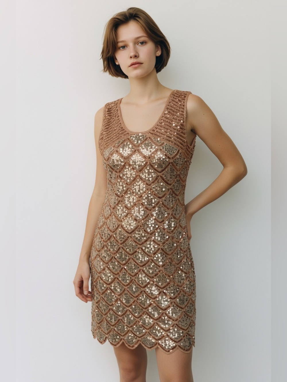 Pronto USA Sequin Mermaid Art Deco Scallop Dress, rose gold and blue, OS